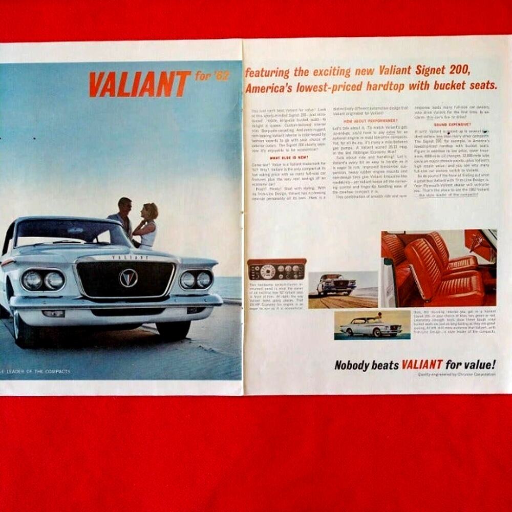 Chrysler Valiant for '62 Signet 200 Auto - 2pg‎ 21x13 Vtg 1961 PRINT AD Ephemera
